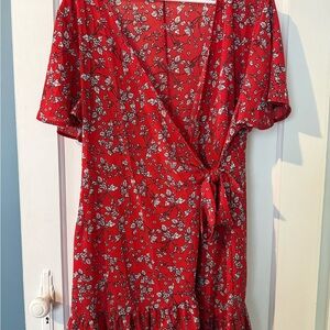 Red Floral Wrap Dress with Tie Waist